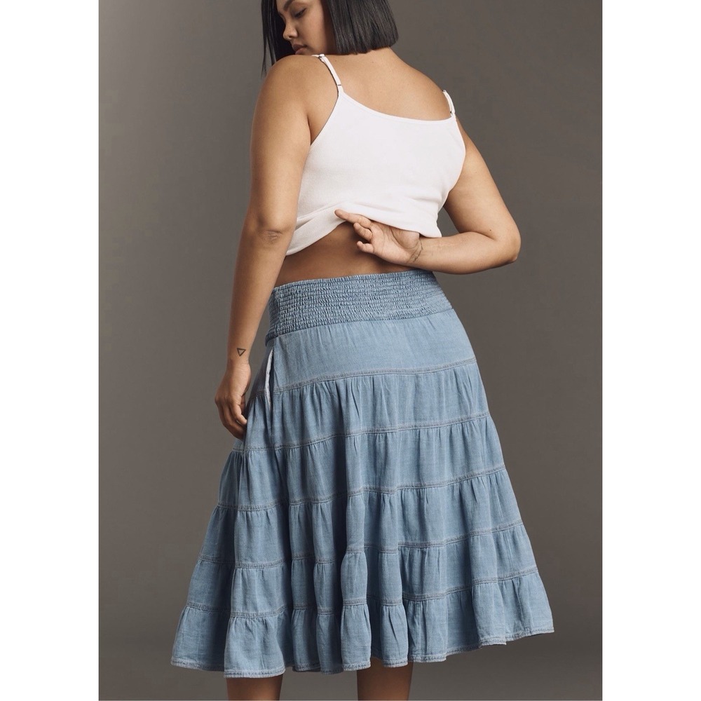 PILCRO XL Reese 100% Cotton Smocked Midi Skirt Light Denim $148 Anthropologie - Picture 4 of 14